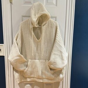 Aerie Cream V-Neck Knit Hoodie Sweater